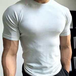 Camiseta de Manga Corta para Hombre, Talla Grande, Cuello Redondo, Diseño de Punto Waffle Verde, Compresión, Ecológica, Poliéster/Algodón de Alta Calidad - Product Image 3