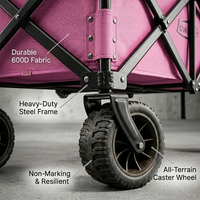 Chariot de camping pliable à quatre roues avec auvent réglable en hauteur, table intégrée, en acier rose/noir