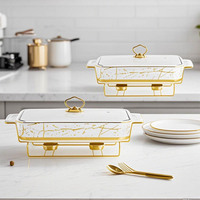 Assiettes de service de luxe modernes et écologiques pour buffet de restaurant, en céramique marbrée dorée, avec couvercle et support, compatibles micro-ondes