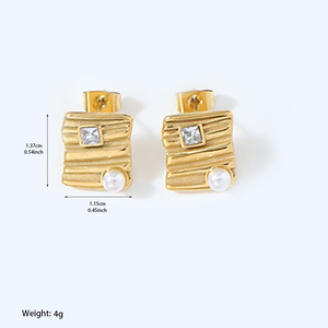 Pendientes de perlas Pendientes impermeables de acero inoxidable Espárragos Mini perlas Rayas geométricas Pendientes cuadrados de piedra con incrustaciones - Product Image 2
