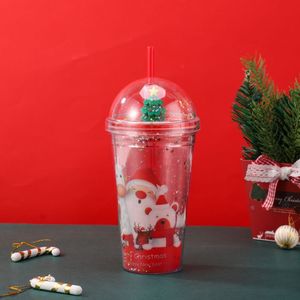 450ml Merry Christmas Santa Print Double Wall <b>Plastic</b> Tumbler with Straw Dome Lid Silver Glitter & Mini Xmas Figurine - Product Image 1