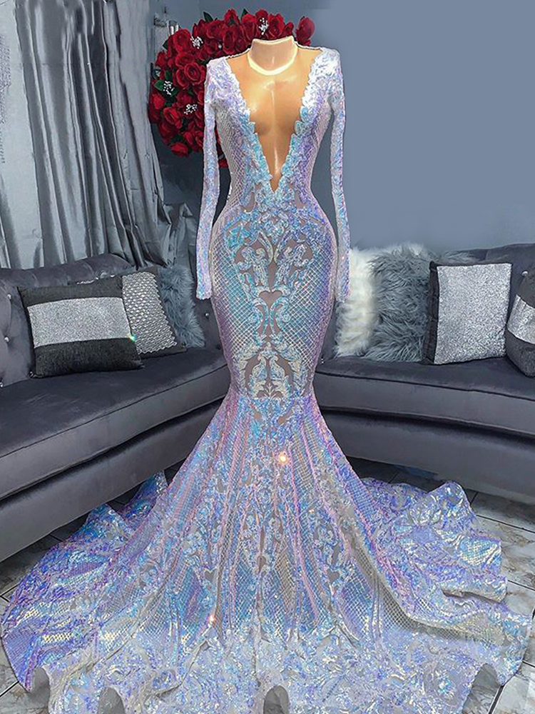 long sleeve silver mermaid prom dress Silver Rosette Long Sleeve Mermaid Prom Dresses