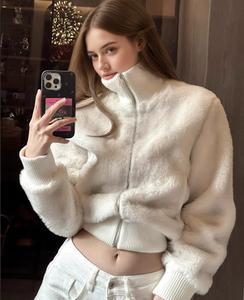 Nuova Moda: Giacca Corta da <span class=keywords><strong>Donna</strong></span> in Finta <span class=keywords><strong>Pelliccia</strong></span> di Visone Ecologica, <span class=keywords><strong>Collo</strong></span> Alto con Zip, Vendita Calda - Product Image 1