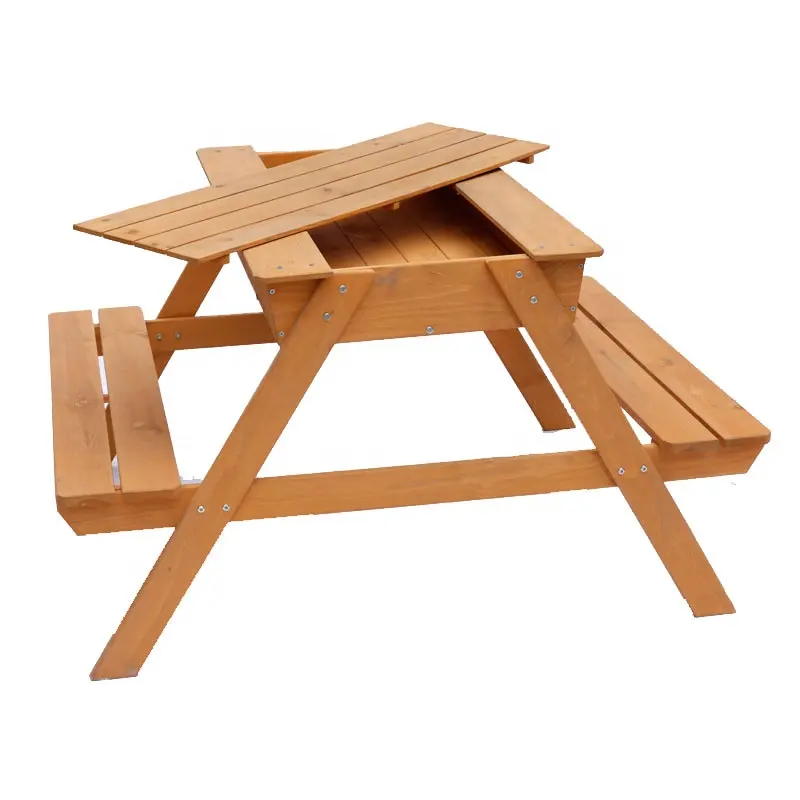 Mesa e cadeiras de madeira para jardim ao ar livre, mesa de piquenique para crianças com caixa de areia, areia para brincar ao ar livre