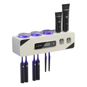 Support stérilisateur intelligent pour brosse à dents avec lumière UV et affichage numérique, beige gris anthracite, fixation par ventouse pour brosses à dents électriques - Product Image 1