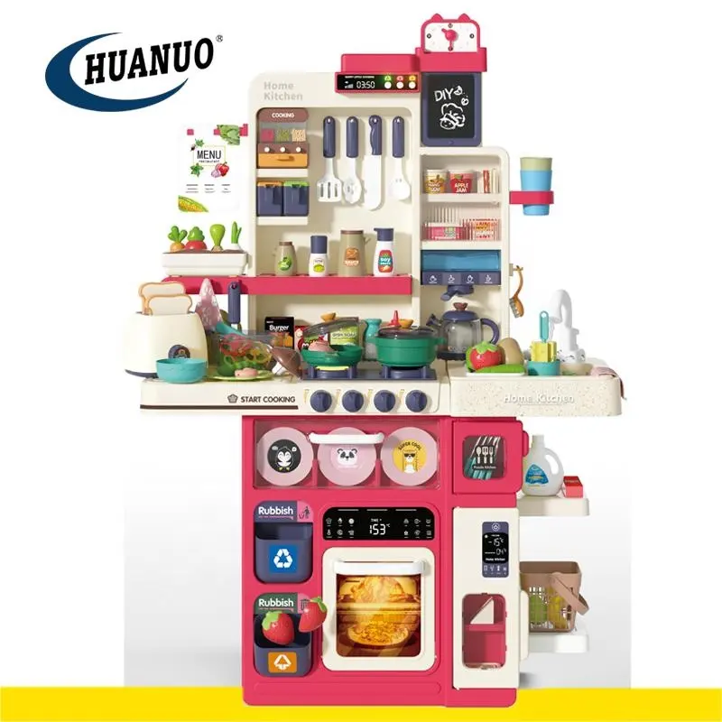 Mesa de cocina de juego de simulación de cocina de 100CM con música ligera y Spray, 101 Uds., juguetes de cocina y comida para niños, juego de cocina de juguete