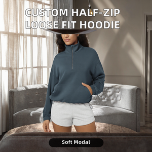 Sweat-shirt décontracté pour femme en modal doux, coupe ample, anti-plis, doublé, demi-zip, poches, col montant ajustable, personnalisé, à manches courtes - Product Image 2