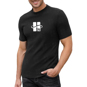 Camiseta de cuello redondo con logo personalizado, corte muscular, mezcla de algodón y spandex de alta calidad, suave y elástica, para hombre. - Product Image 2