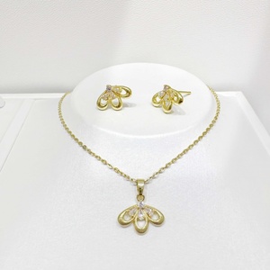 custom plata 925 sterling silver Gold Plated 14k Flower Crystal jewelry sets clover bow wedding women <b>Necklace</b> and Earring Set - Product Image 3
