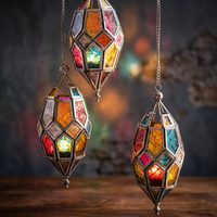 Lanternes marocaines portables en laiton et verre faites à la main, lumières suspendues géométriques colorées, décoration de Noël pour la maison DL-003