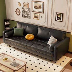 White Tufted Leather <b>Sofa</b> Straight Shape Three Seater Living Room Furniture Modern French Style <b>Small</b> Apartment <b>Sofa</b> - Product Image 3