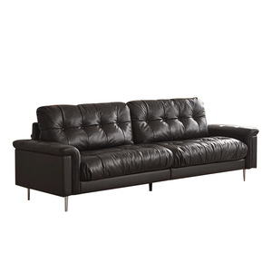 Retro Black Genuine Leather Nebula Sofa, Mid-century Designer 3-seater Down-filled Straight Couch for Small Living Room - Product Image 5