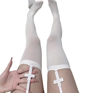 Women Thigh High Stockings <b>Nylon</b> Transparent Anti <b>Slip</b> Solid Color Over The Knee Suspender With Cross Design For Youth - Product Image 5