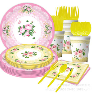 Fournitures pour fête du thé du printemps, 40-60 pièces, vaisselle en plastique et en papier, décorations d'anniversaire, assiettes rondes, couverts, serviettes, gobelets - Product Image 2