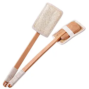 Natural loofah bathing brush with long handle exfoliating and replaceable and detachable loofah with wooden handle bath brush