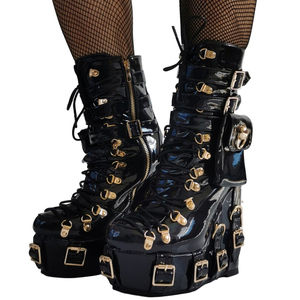 Giày bốt cổ ngắn nữ size 47, khóa kim loại, khóa kéo bên, đế xuồng cao, kiểu dáng rộng, chất liệu giả da bóng, dây buộc. - Product Image 1