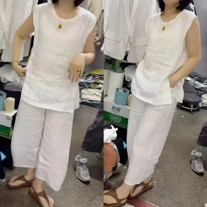 Women's Cotton <b>Linen</b> Set Sleeveless <b>Top</b> And Pants Breathable Casual Summer Wear White ZY 667 - Product Image 4