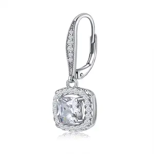 Classic Platinum-Plated CZ Zircon Square Earrings with Hook Brass