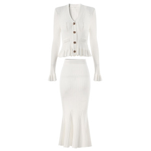 Lady Autumn New Arrival Single-breasted V-neckline Flared Long Sleeve <strong>Cardigan</strong> Midi Mermaid Skirt Women Solid Knit <strong>Twin</strong> <strong>Sets</strong> - Product Image 2