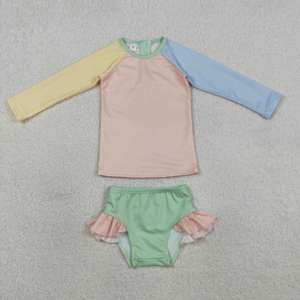 S0650 RTS Ensemble de bain à manches longues pour petite fille, imprimé rayures bleues et blanches, vente en gros pour enfants - Product Image 4