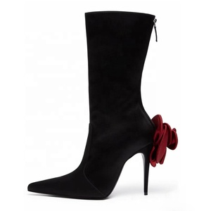 Bottines en daim à fleurs 3D pour femmes, coupe large, mi-mollet, bout pointu, talon haut, bottes courtes, chaussures à talon aiguille, grande taille 46 - Product Image 1