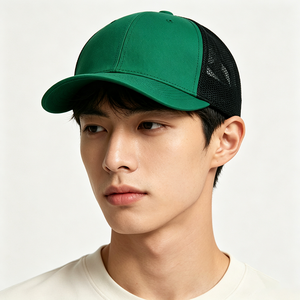 Casquette Trucker Unisexe à 5 Panneaux avec Dos en Maille Bicolore, Panneau Avant Vert Uni, en Toile de Polyester Respirante, pour Sports de Plein Air - Product Image 1