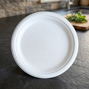 Assiette ronde blanche biodégradable de 9 pouces en bagasse de canne à sucre, compostable et jetable pour le dîner, le déjeuner et la restauration - Product Image 6