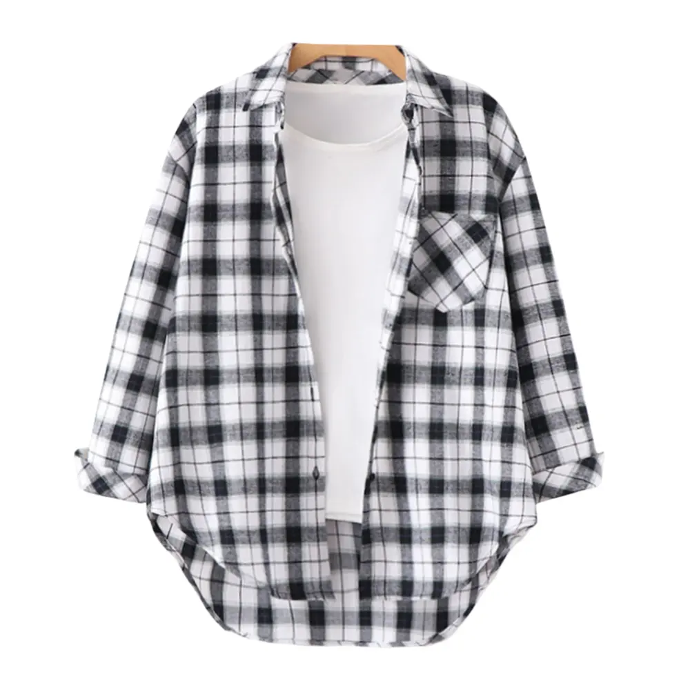 2022 Long Sleeve 100% Cotton Flannel Blouse Button Down Jacket Plaid Oversized Checked Shirts For Women