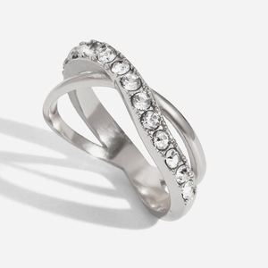 Bague en acier inoxydable avec diamants blancs, design croix, bijoux de fiançailles pour femmes - Product Image 1