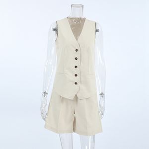 Enyami Completo Estivo in Cotone e <span class=keywords><strong>Lino</strong></span> con Scollo a V, Set Coordinato 2 Pezzi da <span class=keywords><strong>Donna</strong></span>, <span class=keywords><strong>Pantaloncini</strong></span> Corti, Gilet e Completo Basic Streetwear - Product Image 4