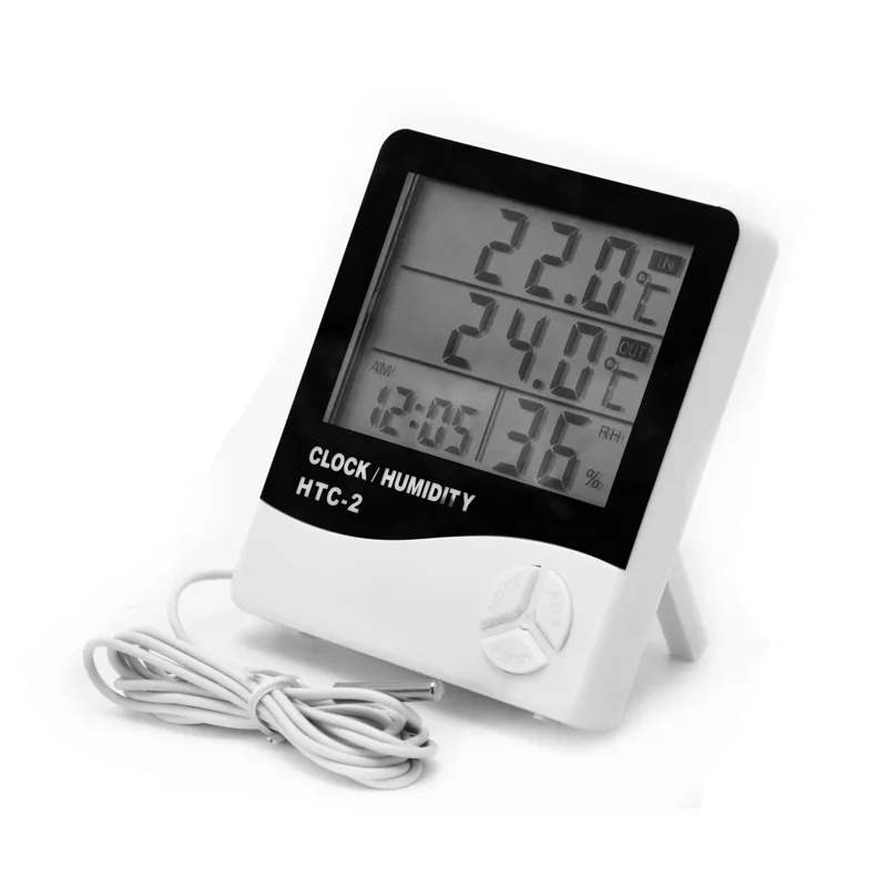 HTC -2 Pengukur Kelembaban Suhu Digital,/Higrometer Termometer Luar Ruangan dengan Jam