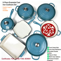 Ensemble de batterie de cuisine en fonte émaillée LFGB FDA, 8 pièces, comprenant des cocottes, une poêle à frire, une casserole, des marmites, avec logo personnalisé, OEM