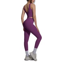 Ensemble de yoga deux pièces respirant et moulant pour femme, avec dos en V et brocart double face de couleur unie, idéal pour le sport, la course et le fitness.