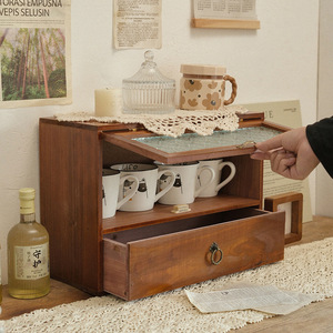 Caja de almacenamiento retro para escritorio, gabinete de madera maciza con cajones y puerta de vidrio para exhibir cosméticos y té - Product Image 2