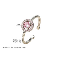Bague ouverte ajustable en acier inoxydable 304 avec halo de zircone cubique rose et pierre ronde, bijoux de mode pour femme, vente en gros, en stock