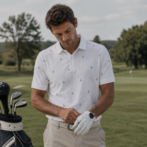 Custom Logo <b>Golf</b> <b>Polo</b> Shirts for Men <b>White</b> Textured Anchor Print Short Sleeve Private Label OEM ODM Manufacturer - Product Image 1
