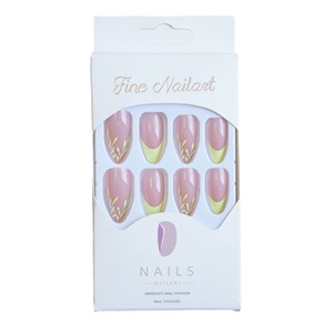 <span class=keywords><strong>Faux</strong></span> ongles à presser moyens en forme d'amande, rose nude avec French manucure vert néon, couvrance totale, brillants, avec accent feuille - Product Image 5