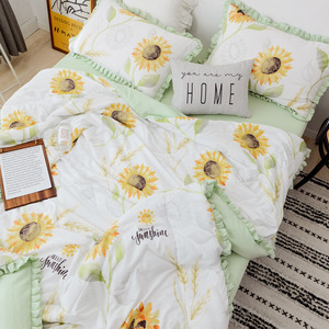 Hoa Hướng Dương Quilt Bộ Hoa In 100% <span class=keywords><strong>Polyester</strong></span> Fibre Màu Xanh Lá Cây Ga Trải Giường Cho Phòng Ngủ Bốn Mảnh Đặt Bộ Đồ Giường Bộ - Product Image 2