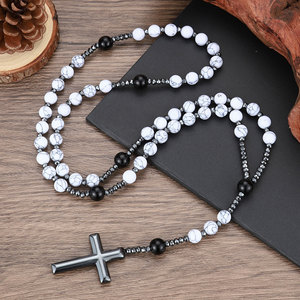 Pietra naturale smerigliato nero onice cattolico <span class=keywords><strong>rosario</strong></span> collane con croce di ematite ciondolo uomini collana di meditazione gioielli - Product Image 6