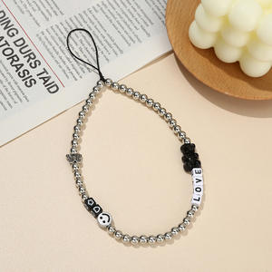 Portátil negro blanco oso cara sonriente con cuentas teléfono móvil cadena encanto mujeres niñas teléfono móvil decoración cordón correa de teléfono - Product Image 1