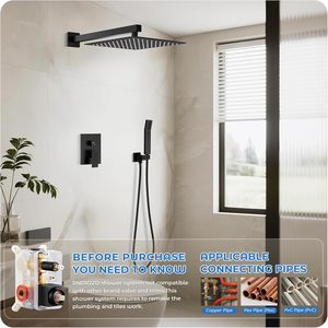 Ensemble de robinetterie de douche murale noire avec douchette pluie et douchette à main, mitigeur dissimulé à pression équilibrée, 10 pouces - Product Image 2