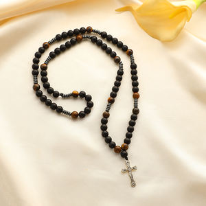クリスチャン聖ベネディクトロザリオネックレスタイガーアイビーズ黒アゲスクロストレンドビーズブレスレットカトリックコプト - Product Image 2