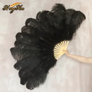 Customized Large 75cm Ostrich Feather Fan Black with Dyed Pattern for Carnival Dance Stage Performance and Decorative Plumes