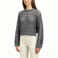 Pull en maille gris à manches longues pour femme, de haute qualité, personnalisé OEM & ODM, style décontracté, maille pointelle épaisse, vente en gros
