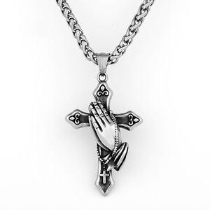 Collana con Ciondolo a Croce e Mani in Preghiera in Acciaio Inossidabile Vintage per Uomo e Donna, Gioielli Gotici Hip Hop - Product Image 1