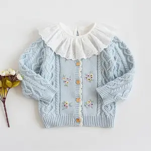 Cardigan pour filles avec fleurs brodées fait à la main, pull de bébé blanc, automne, vente en gros, vêtements pour enfants, boutique, 91110545