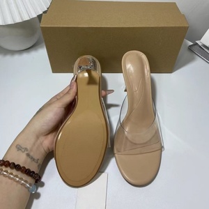 Women Clear PVC Single Strap Square Open Toe Slide Mules <strong>Nude</strong> Kitten Heel <strong>Slip</strong> on Summer Beach Party Daily Dress Sandals - Product Image 1