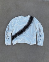 Haut thermique à manches longues en tricot gaufré blanc cassé pour homme, imprimé graffiti abstrait, épaules tombantes, style streetwear, vente en gros OEM personnalisée