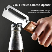 Multifunctionele handmatige groenteschiller met houten handvat, flesopener, roestvrijstalen aardappel- en appelsnijder/julienne-snijmes