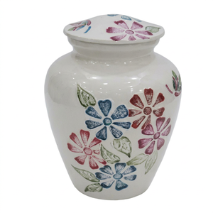 Urna Floral Blanca de Cerámica con Tapa, Recipiente para Cenizas Conmemorativas, Decoración para el Hogar - Artesanía India - Product Image 4